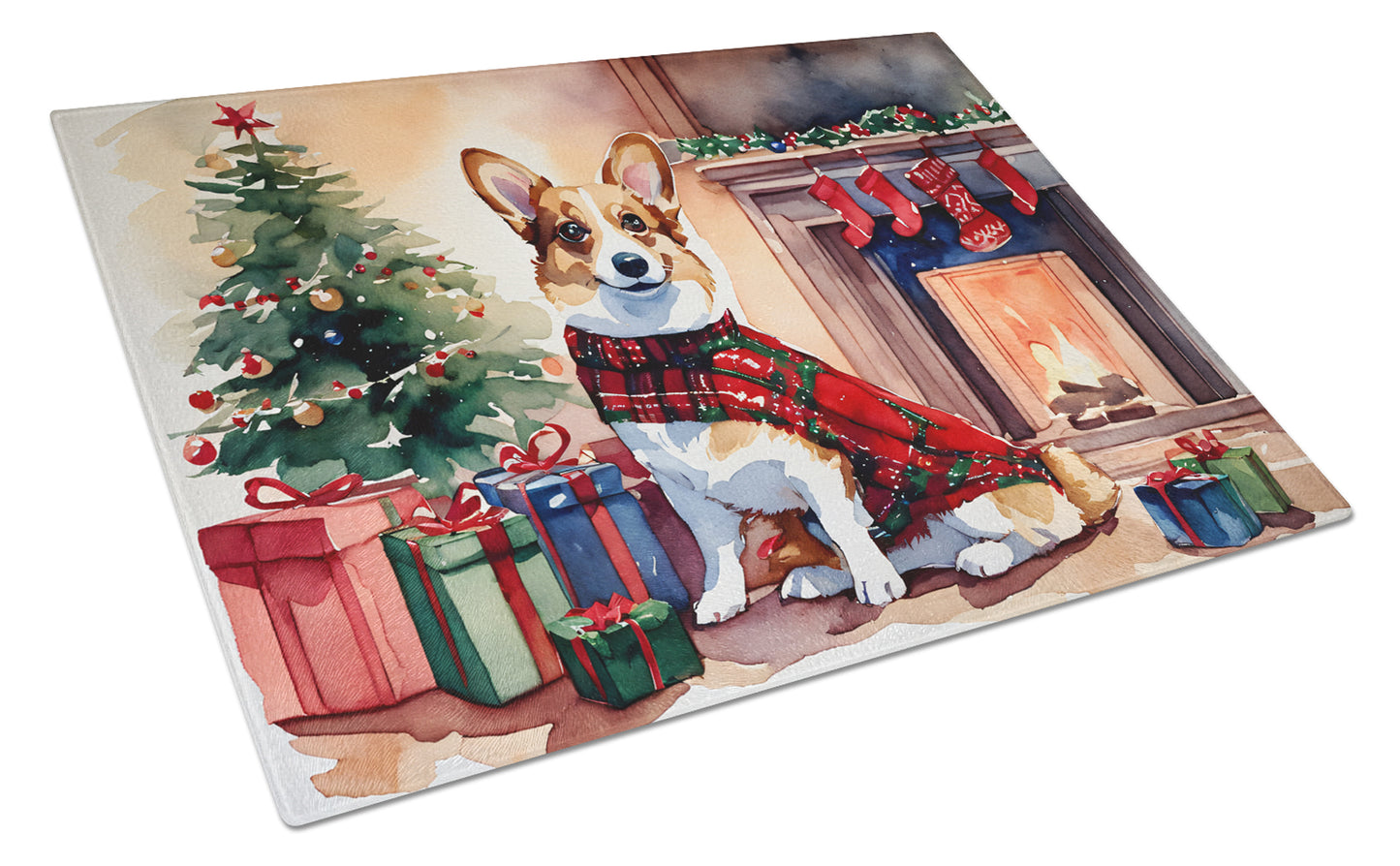 Buy this Corgi Cozy Christmas Glass Cutting Board