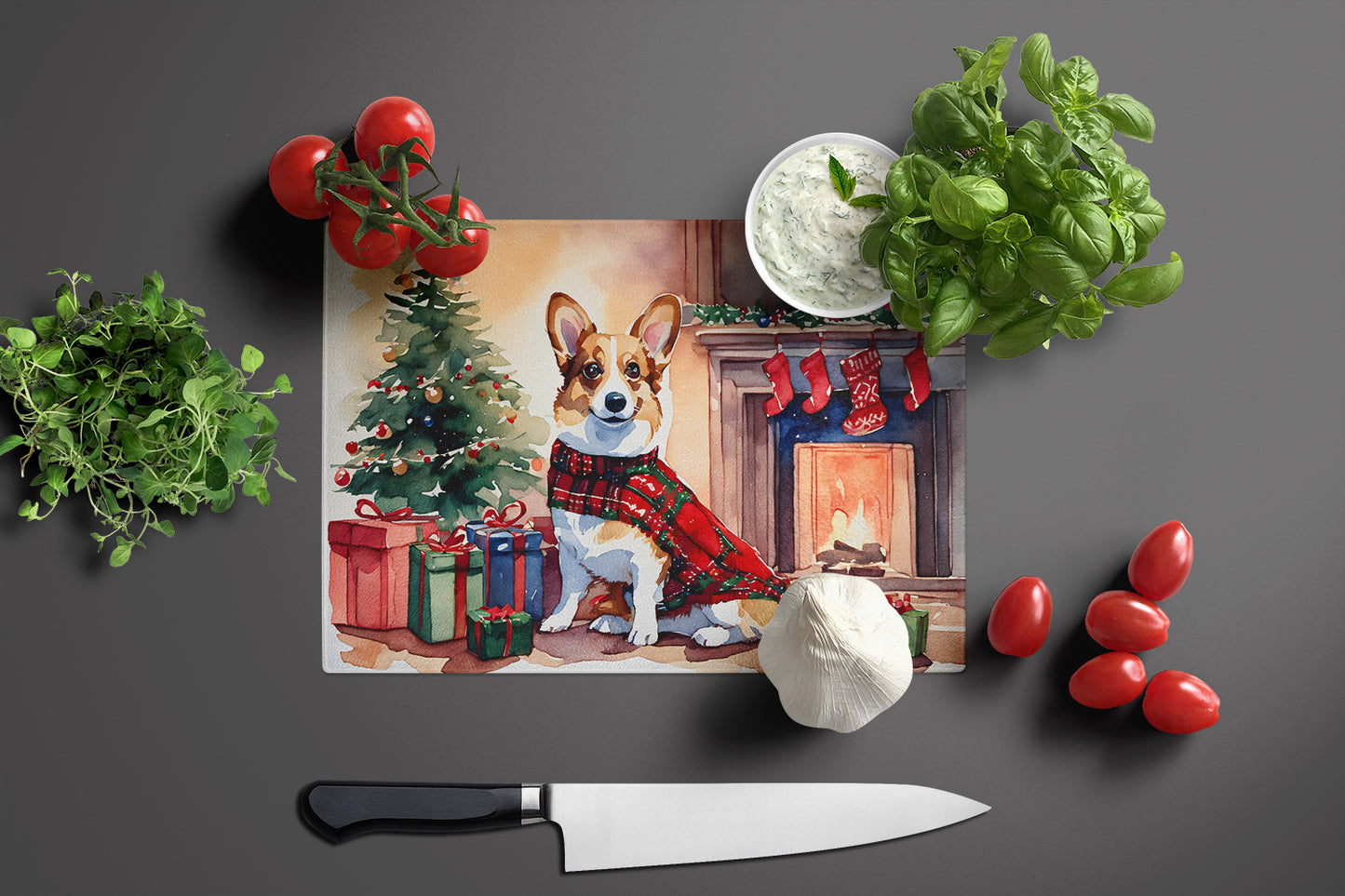 Corgi Cozy Christmas Glass Cutting Board