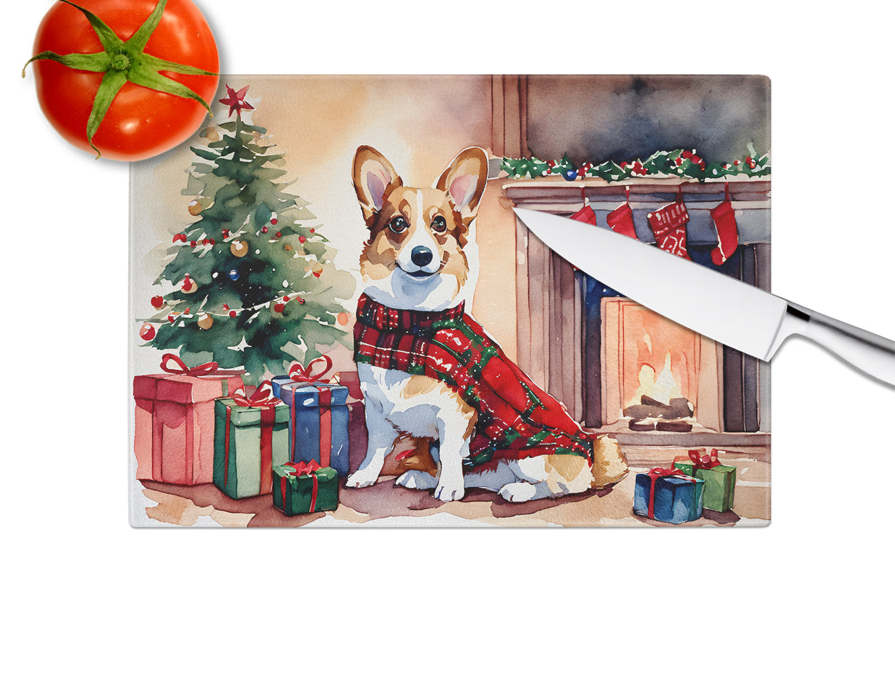 Corgi Cozy Christmas Glass Cutting Board