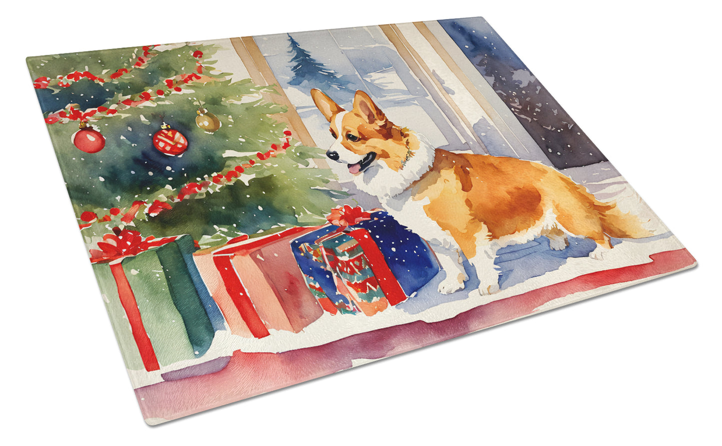 Buy this Corgi Cozy Christmas Glass Cutting Board