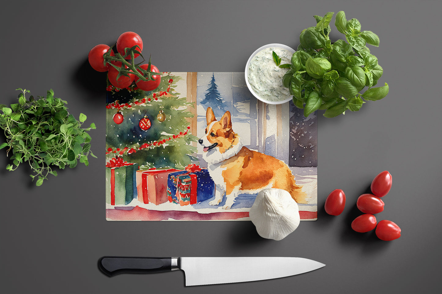 Corgi Cozy Christmas Glass Cutting Board