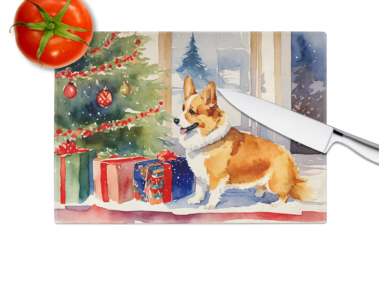 Corgi Cozy Christmas Glass Cutting Board