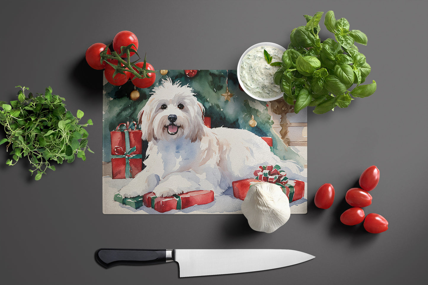 Coton De Tulear Cozy Christmas Glass Cutting Board