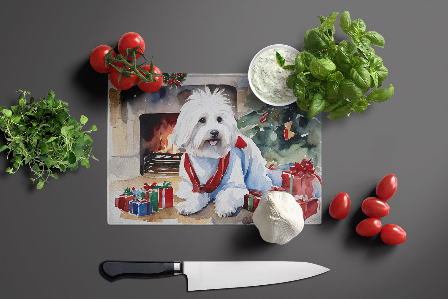 Coton De Tulear Cozy Christmas Glass Cutting Board