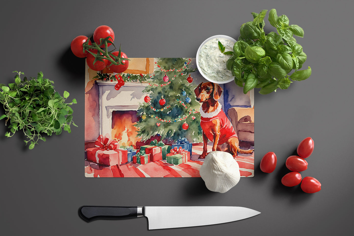 Dachshund Cozy Christmas Glass Cutting Board