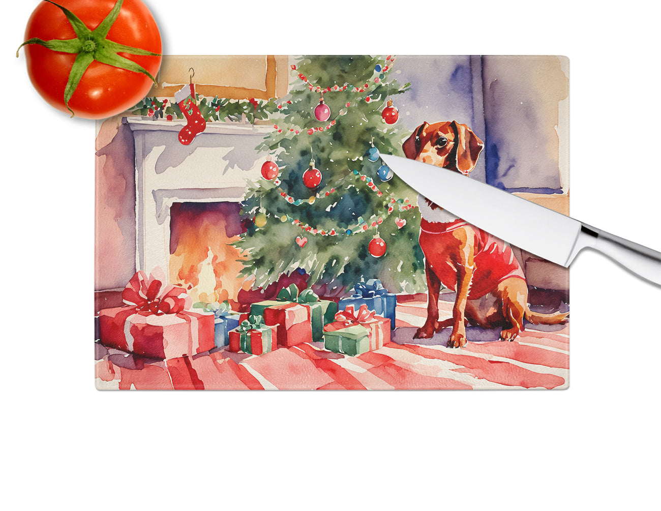 Dachshund Cozy Christmas Glass Cutting Board