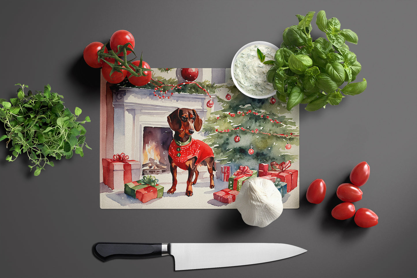 Dachshund Cozy Christmas Glass Cutting Board