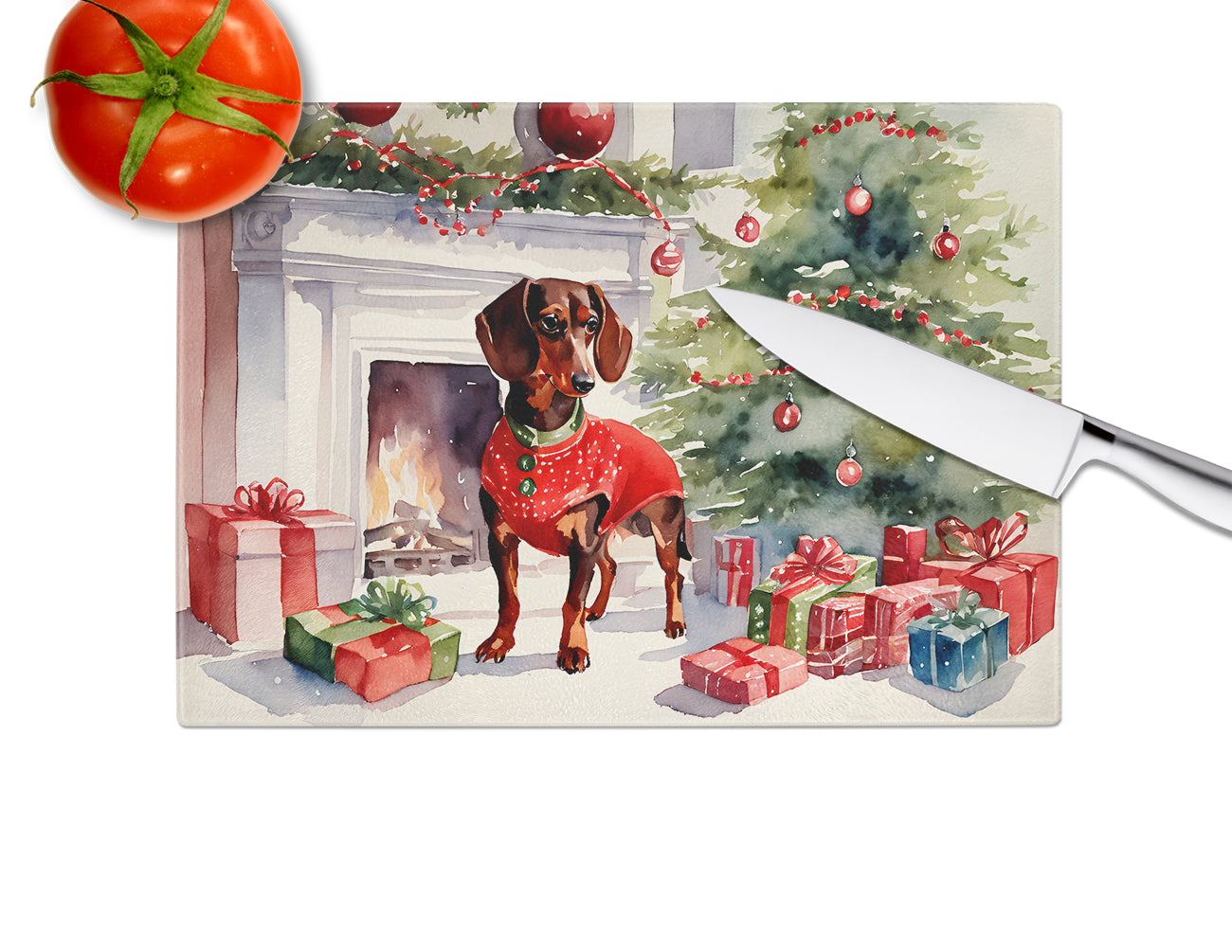 Dachshund Cozy Christmas Glass Cutting Board