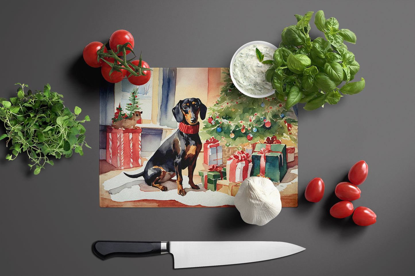 Dachshund Cozy Christmas Glass Cutting Board