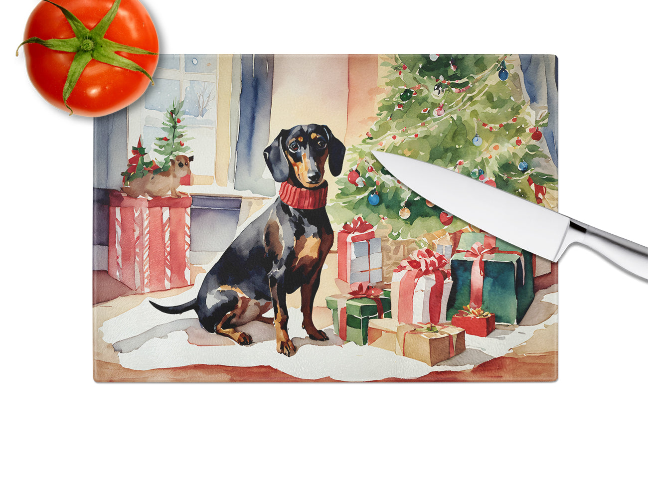 Dachshund Cozy Christmas Glass Cutting Board