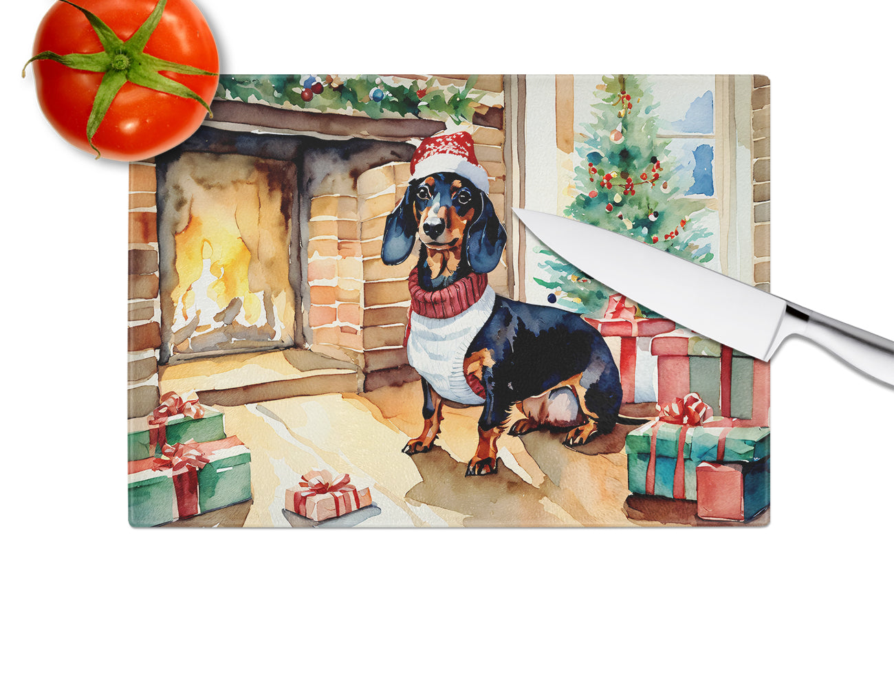 Dachshund Cozy Christmas Glass Cutting Board