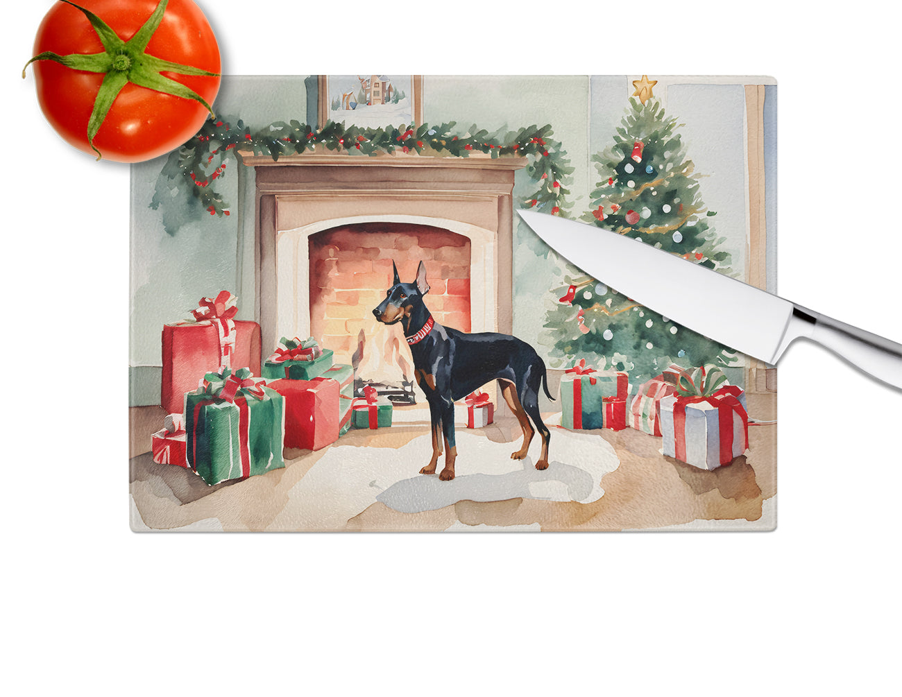 Doberman Pinscher Cozy Christmas Glass Cutting Board