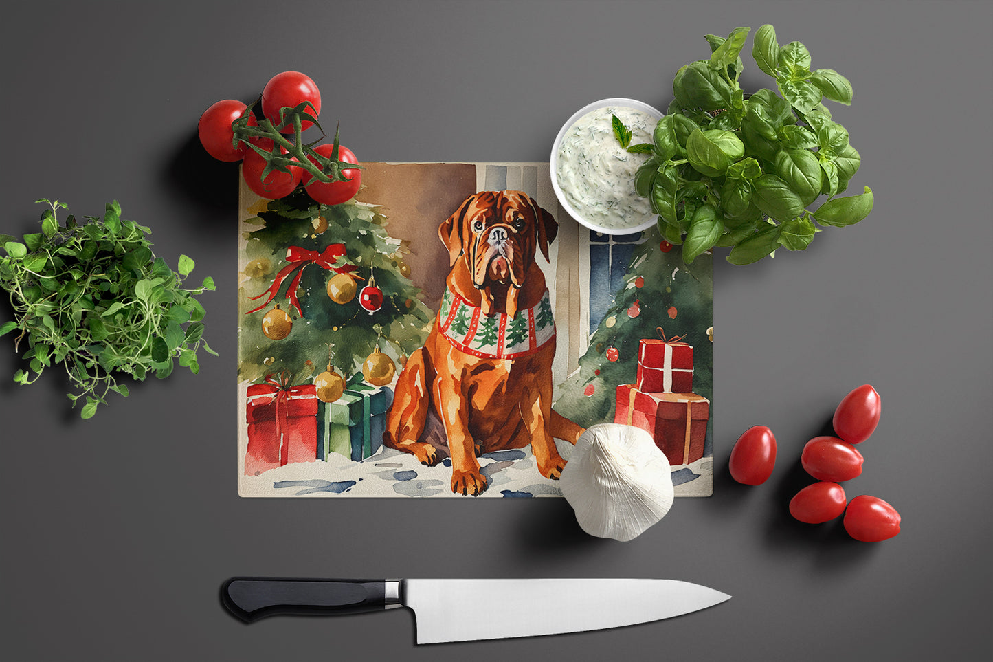 Dogue de Bordeaux Cozy Christmas Glass Cutting Board