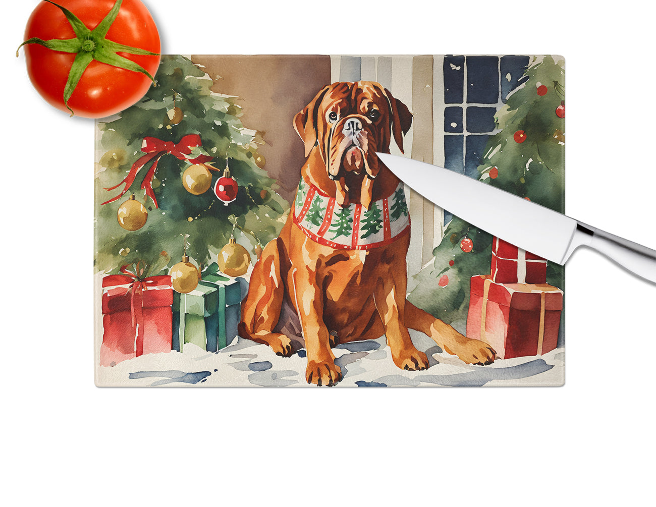 Dogue de Bordeaux Cozy Christmas Glass Cutting Board