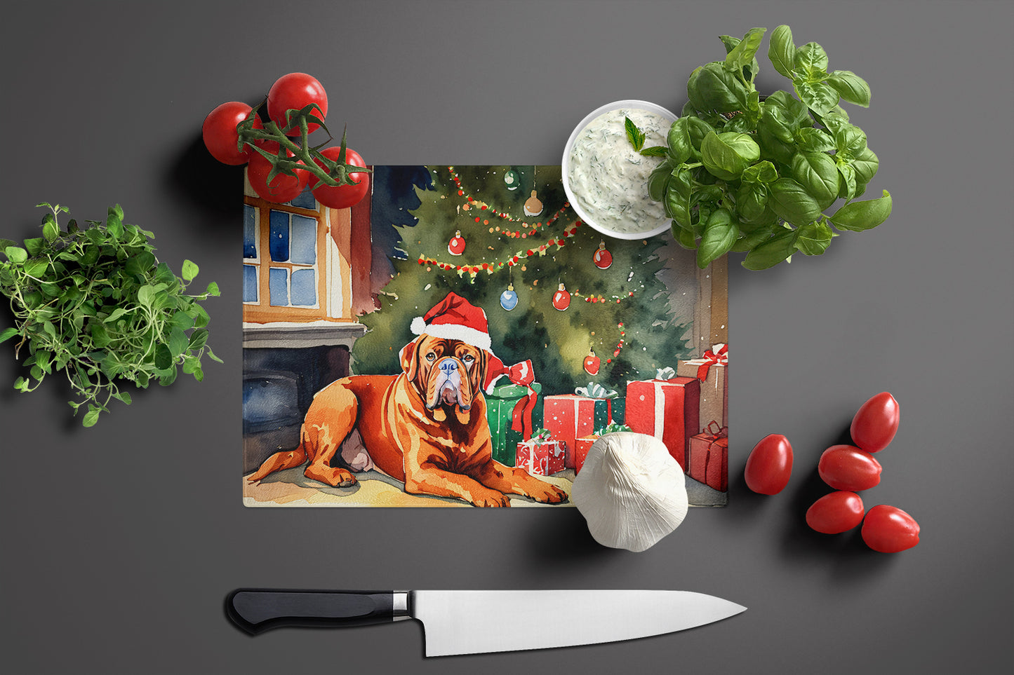 Dogue de Bordeaux Cozy Christmas Glass Cutting Board