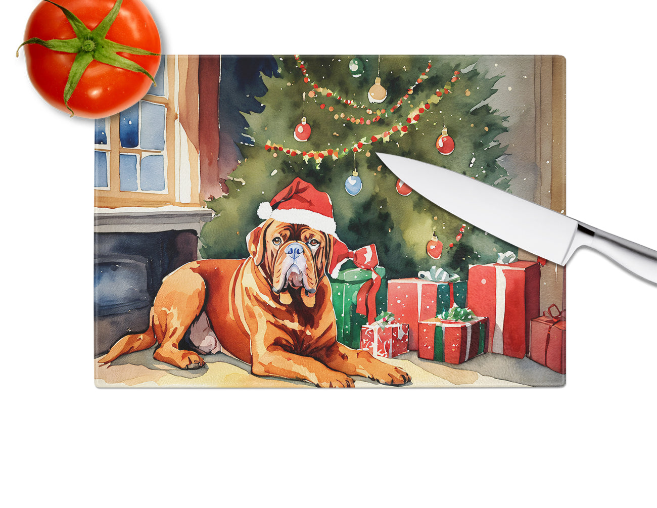 Dogue de Bordeaux Cozy Christmas Glass Cutting Board