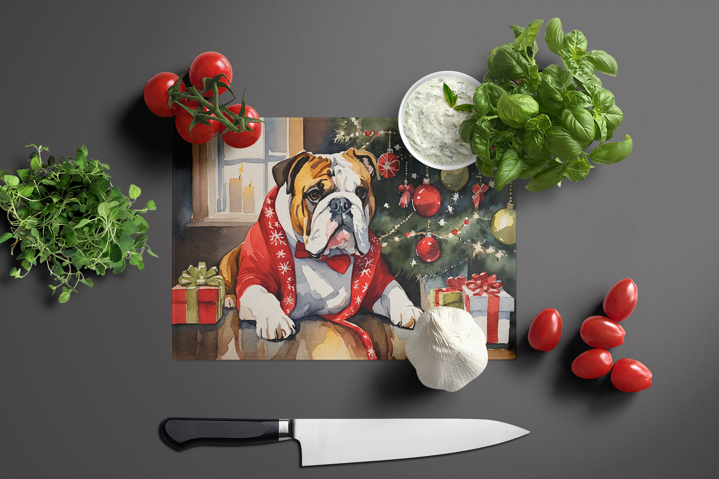 English Bulldog Cozy Christmas Glass Cutting Board