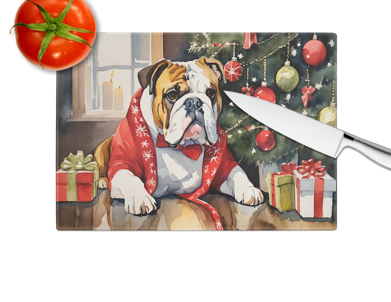 English Bulldog Cozy Christmas Glass Cutting Board