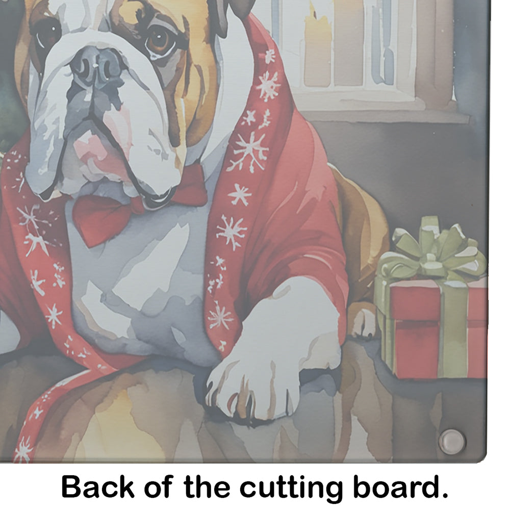 English Bulldog Cozy Christmas Glass Cutting Board