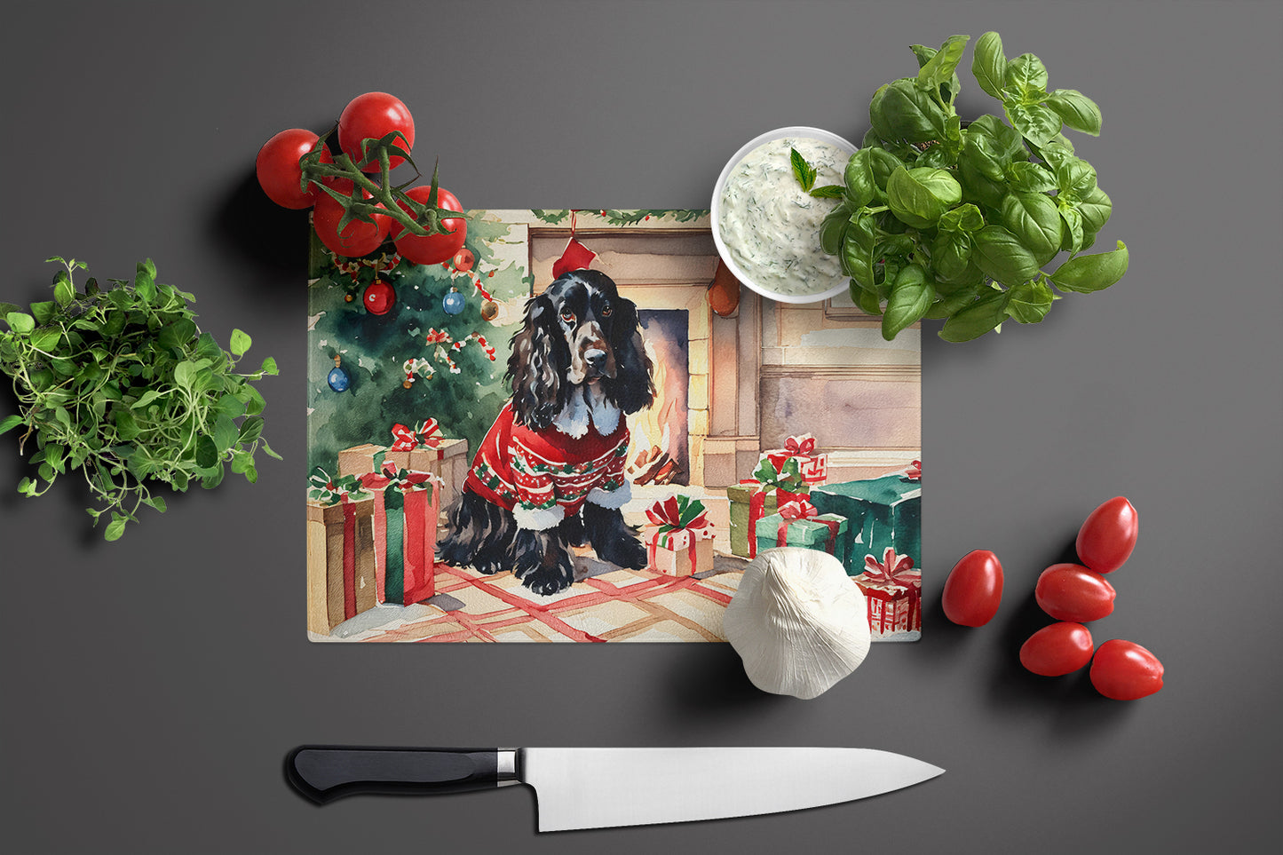 English Cocker Spaniel Cozy Christmas Glass Cutting Board