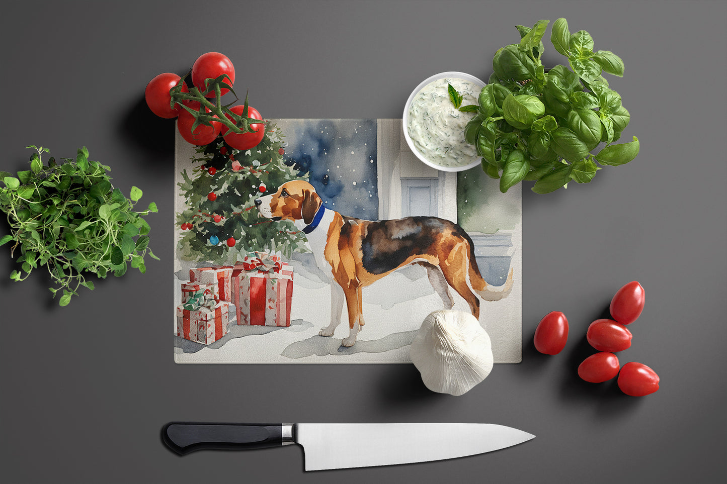 English Foxhound Cozy Christmas Glass Cutting Board