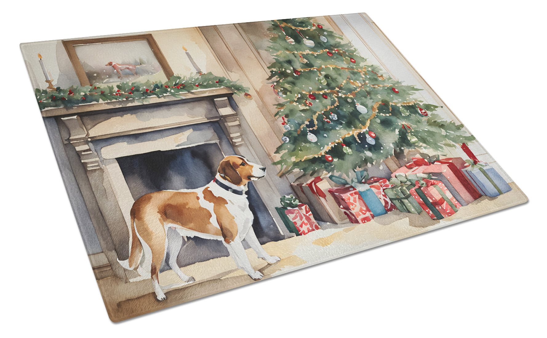 Buy this English Foxhound Cozy Christmas Glass Cutting Board