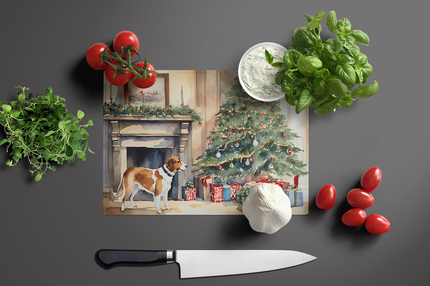 English Foxhound Cozy Christmas Glass Cutting Board