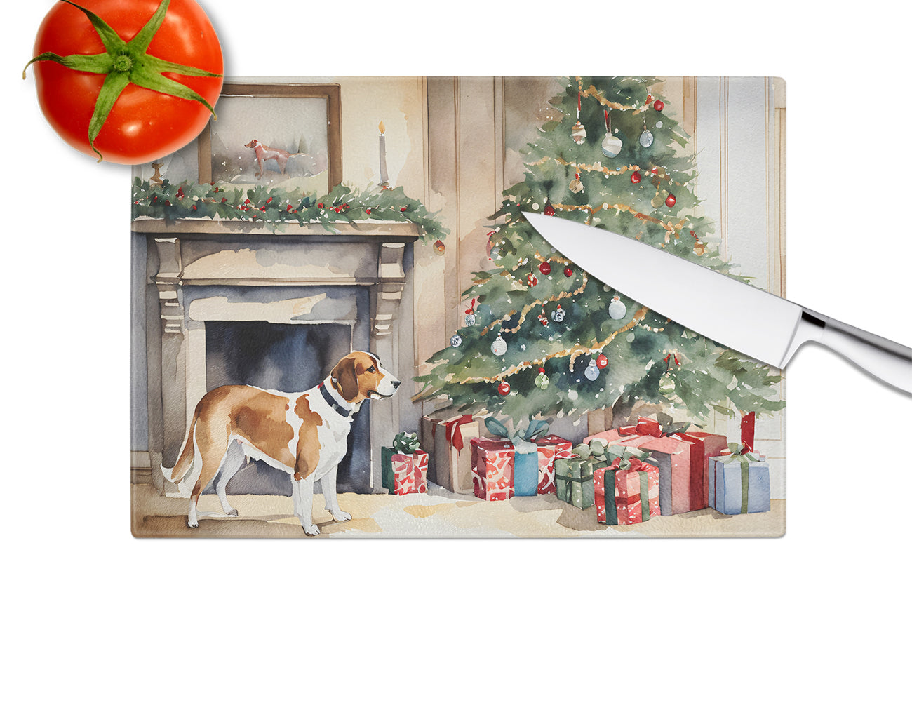 English Foxhound Cozy Christmas Glass Cutting Board