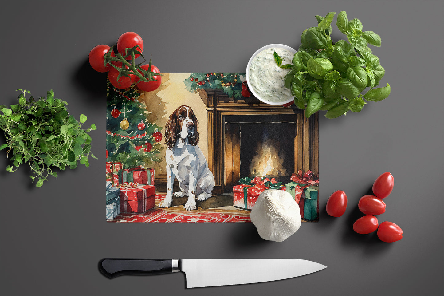 English Springer Spaniel Cozy Christmas Glass Cutting Board