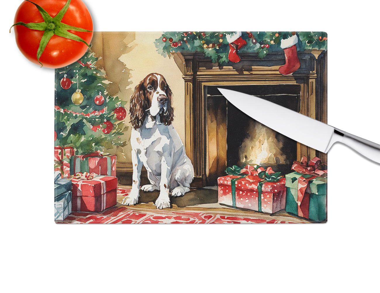 English Springer Spaniel Cozy Christmas Glass Cutting Board