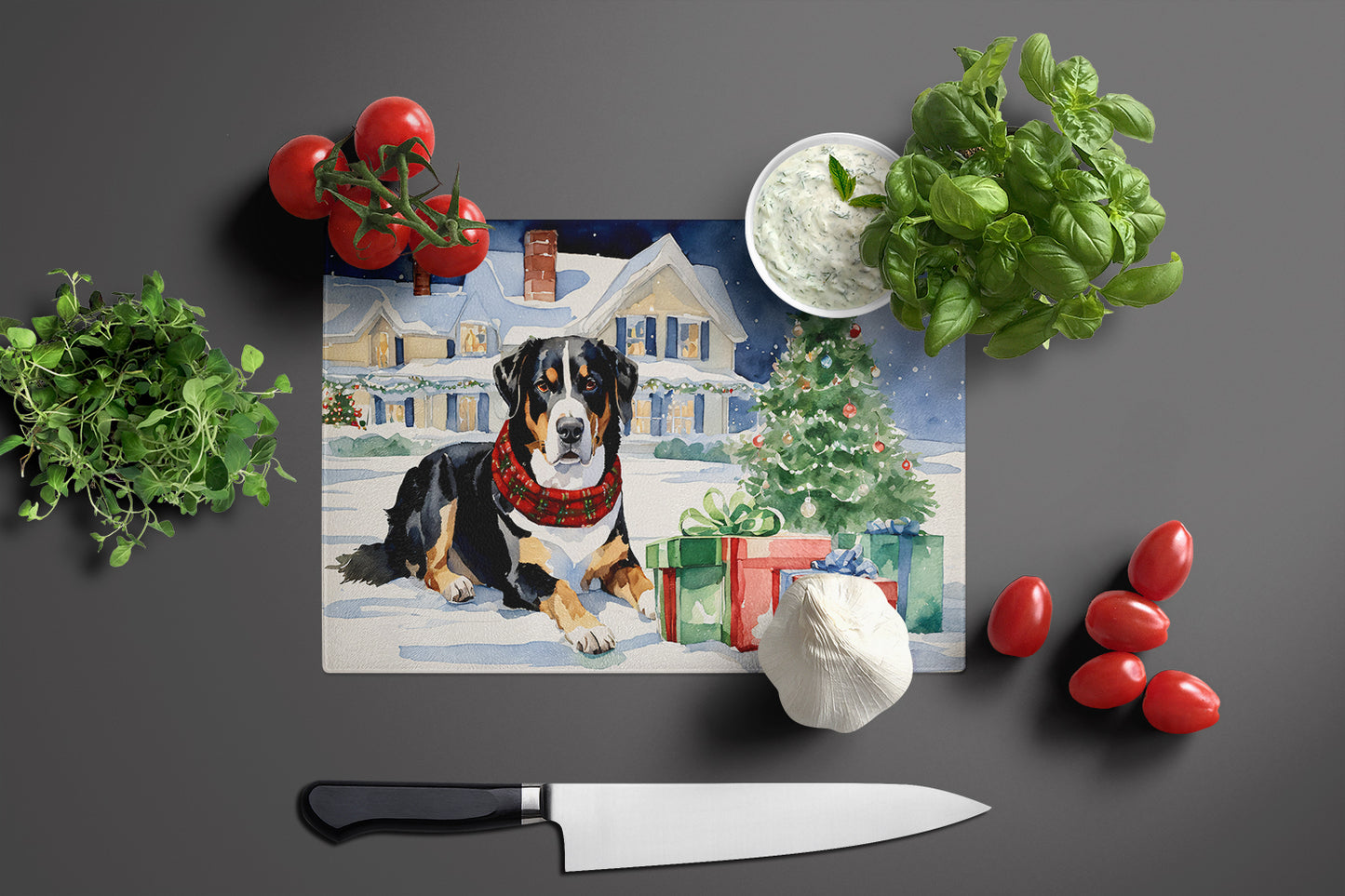 Entlebucher Mountain Dog Cozy Christmas Glass Cutting Board