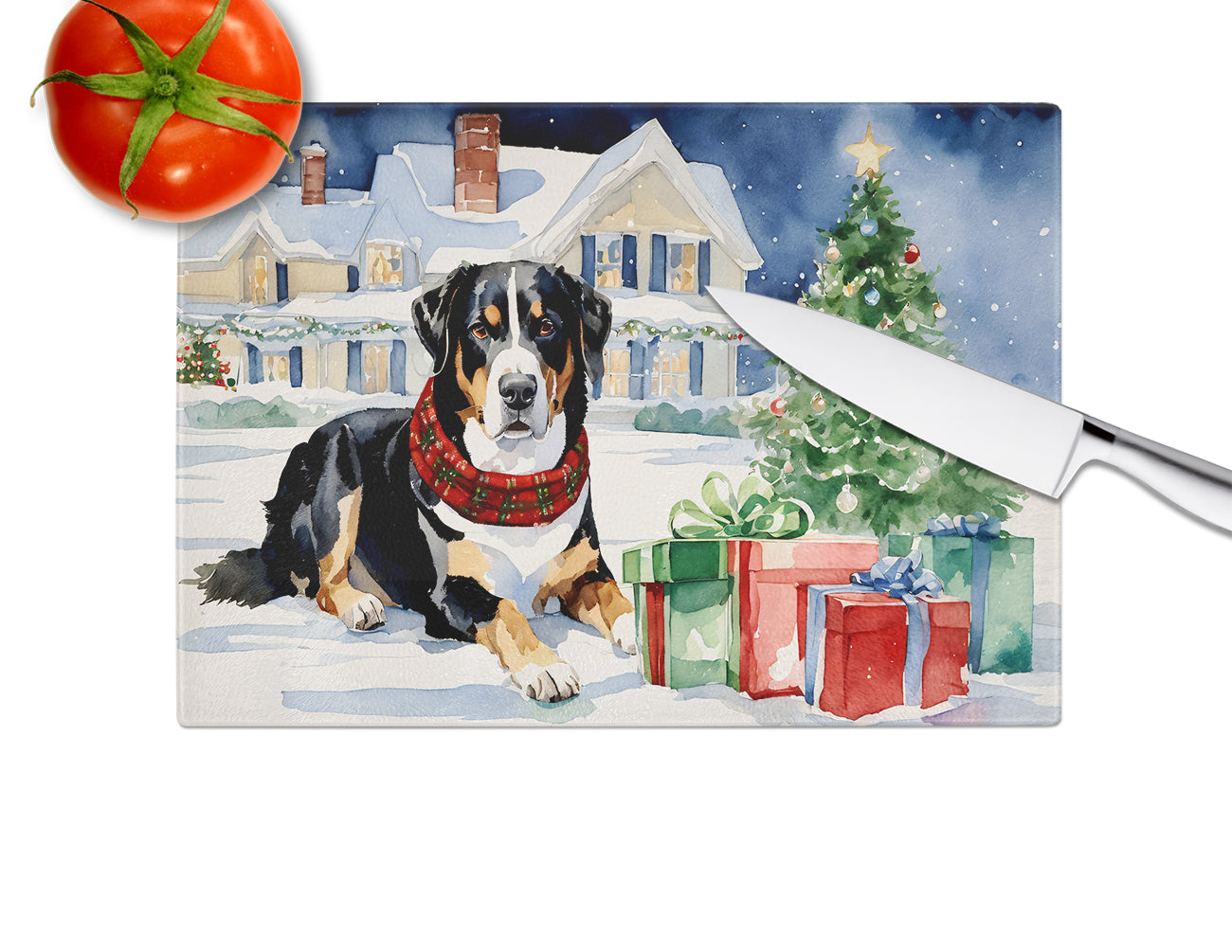 Entlebucher Mountain Dog Cozy Christmas Glass Cutting Board