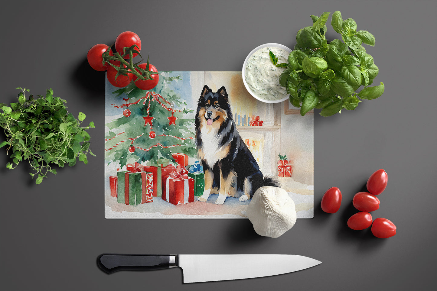 Finnish Lapphund Cozy Christmas Glass Cutting Board