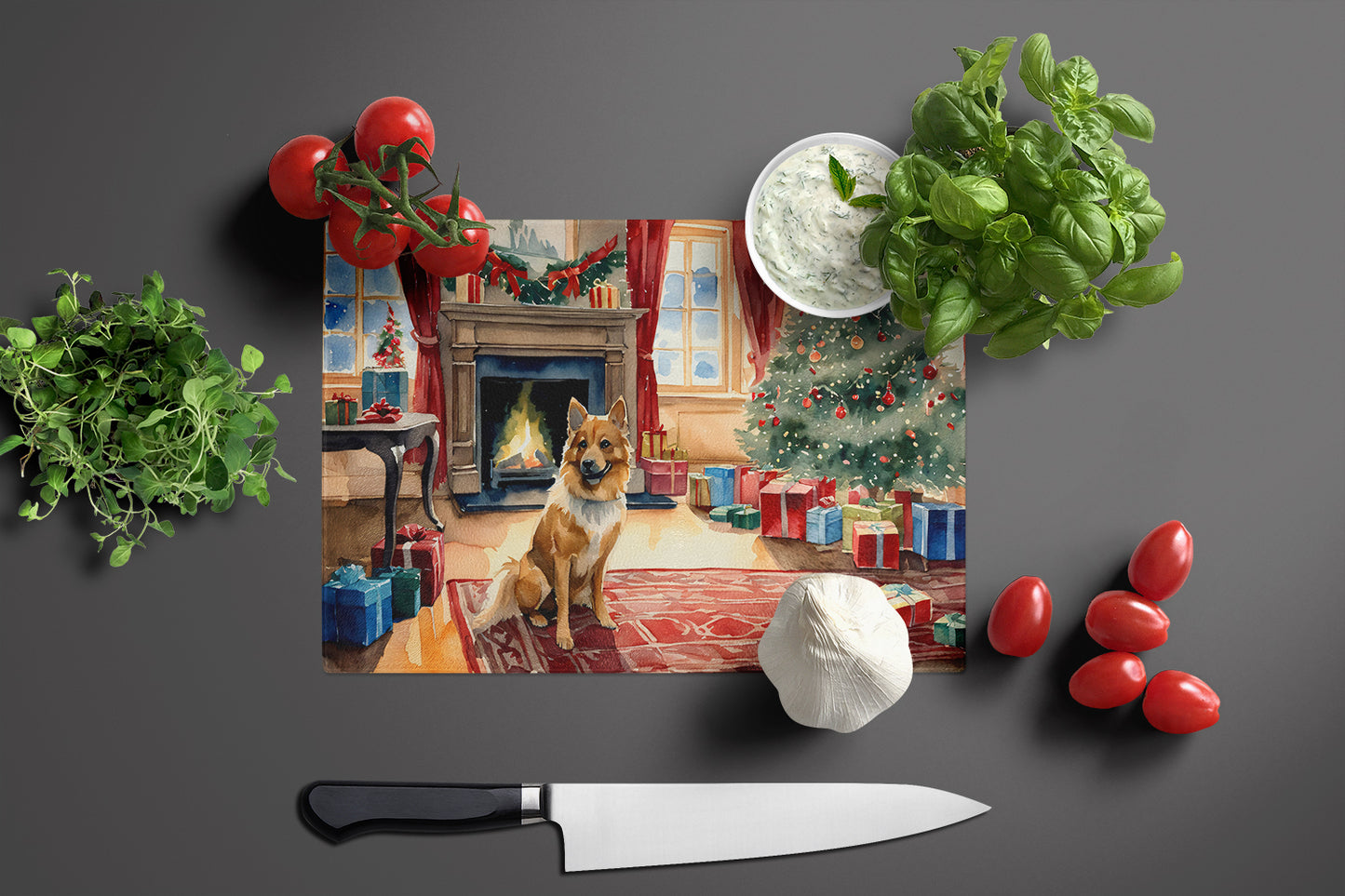 Finnish Spitz Cozy Christmas Glass Cutting Board