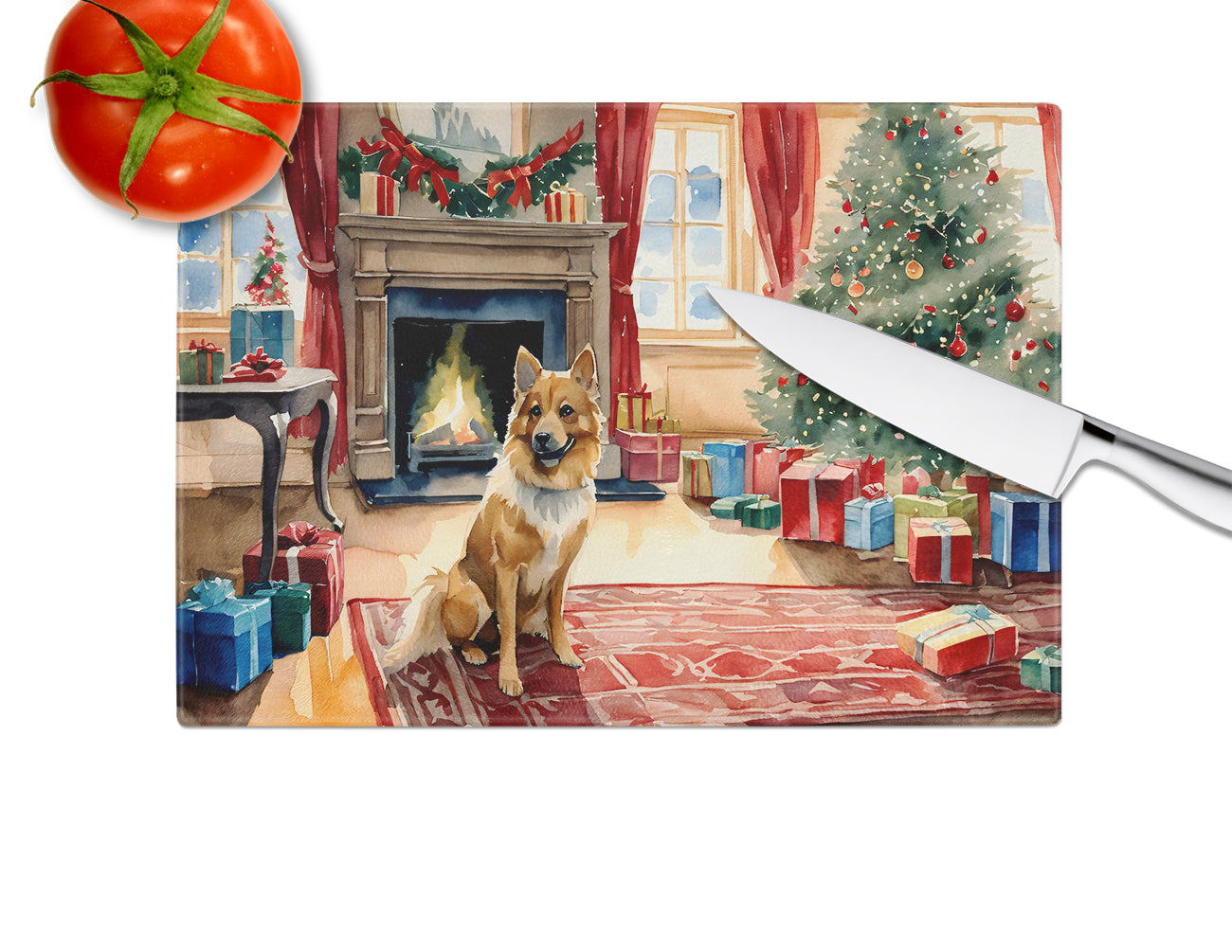 Finnish Spitz Cozy Christmas Glass Cutting Board