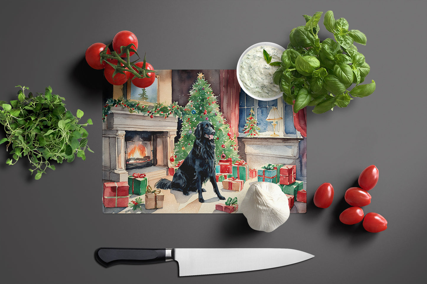 Flat-Coated Retriever Cozy Christmas Glass Cutting Board