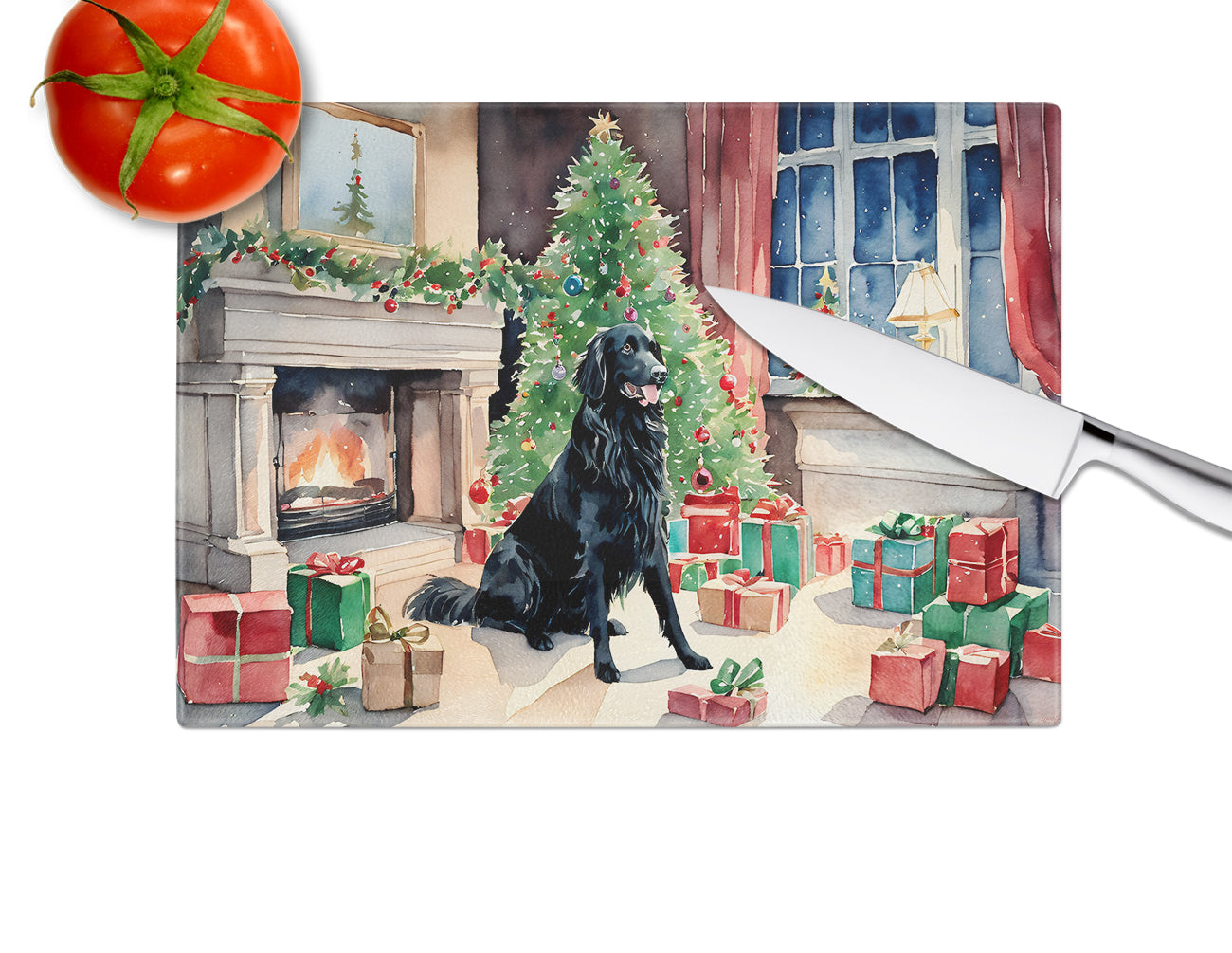 Flat-Coated Retriever Cozy Christmas Glass Cutting Board