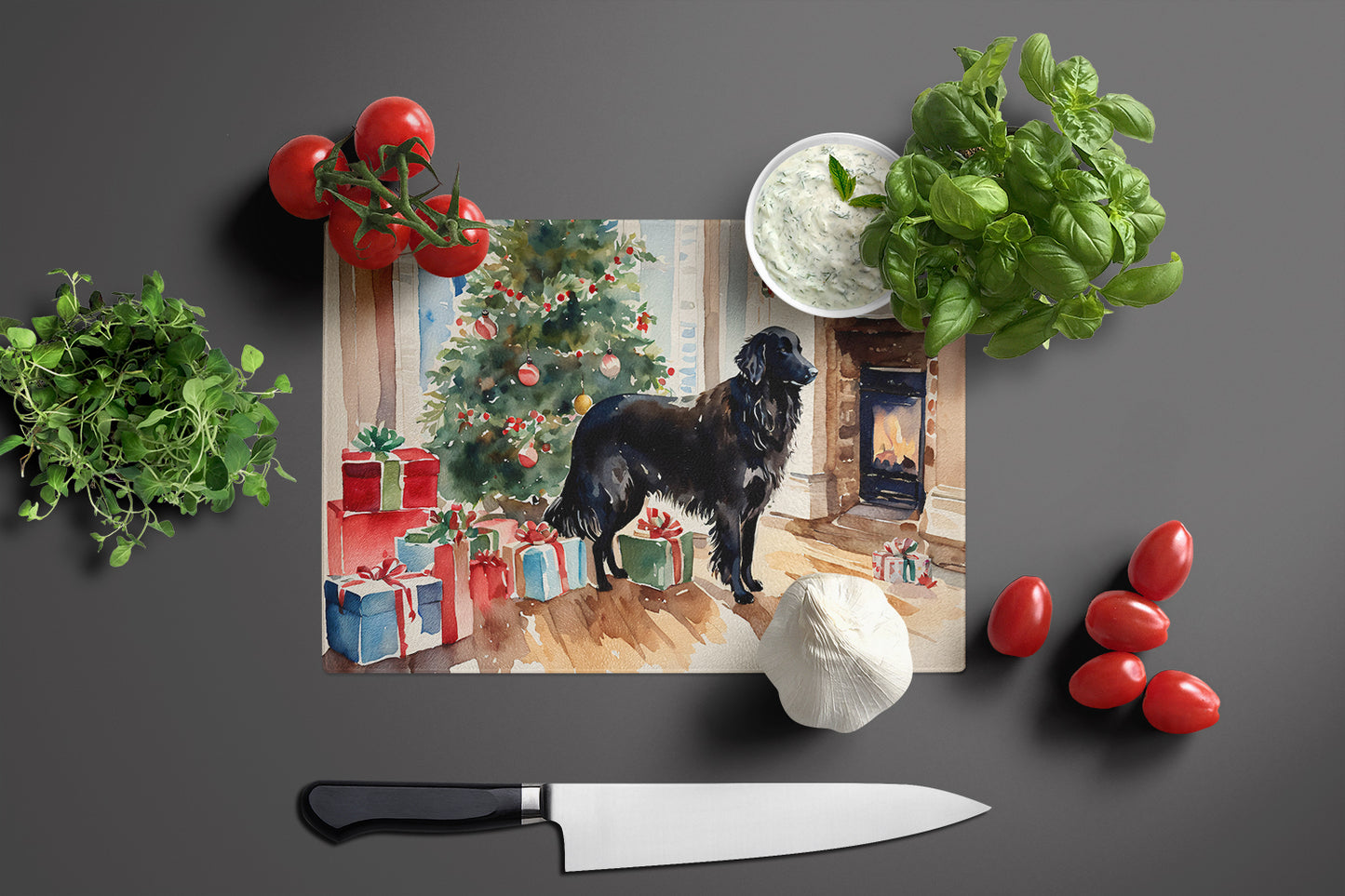 Flat-Coated Retriever Cozy Christmas Glass Cutting Board