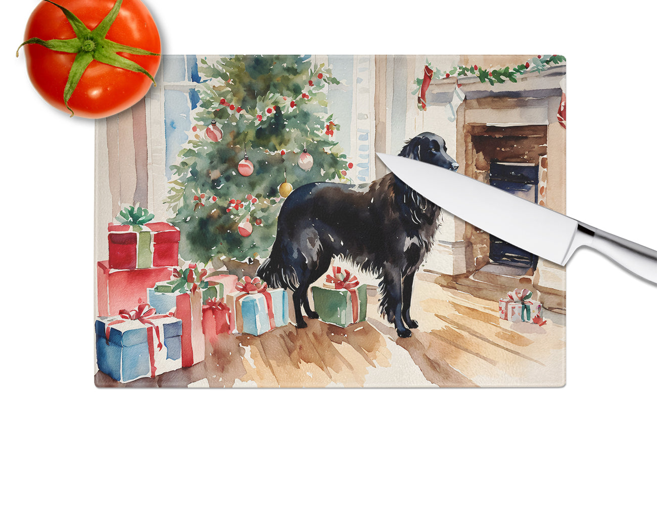 Flat-Coated Retriever Cozy Christmas Glass Cutting Board