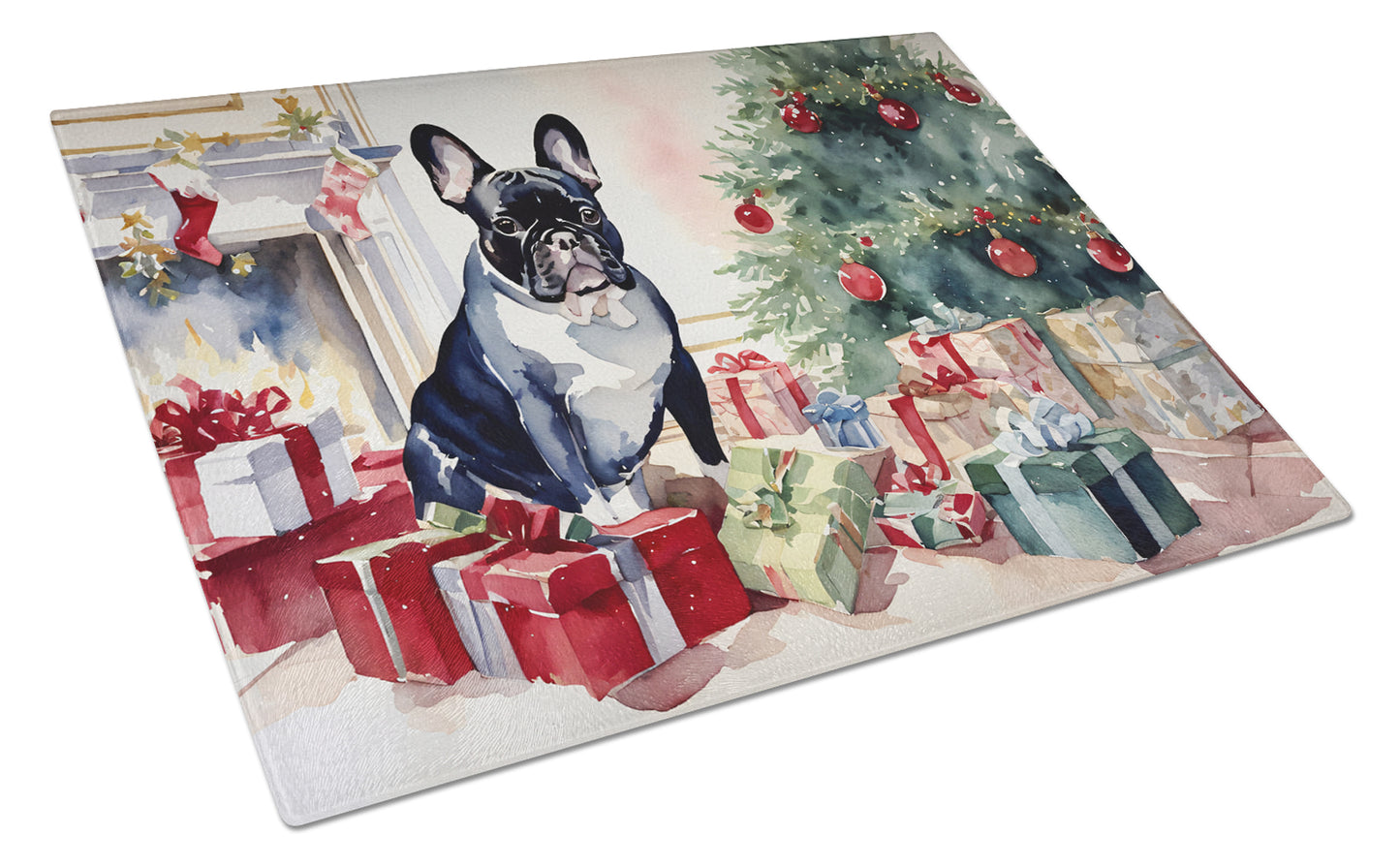 Buy this French Bulldog Cozy Christmas Glass Cutting Board