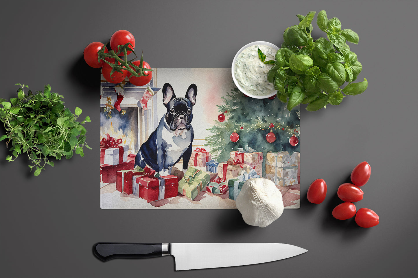 French Bulldog Cozy Christmas Glass Cutting Board