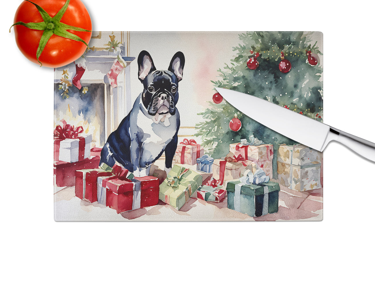 French Bulldog Cozy Christmas Glass Cutting Board