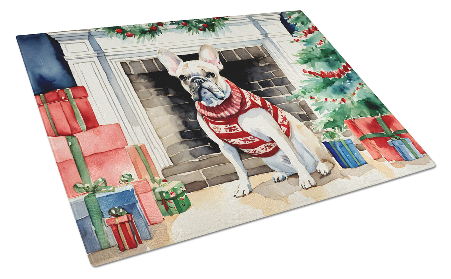 Buy this French Bulldog Cozy Christmas Glass Cutting Board