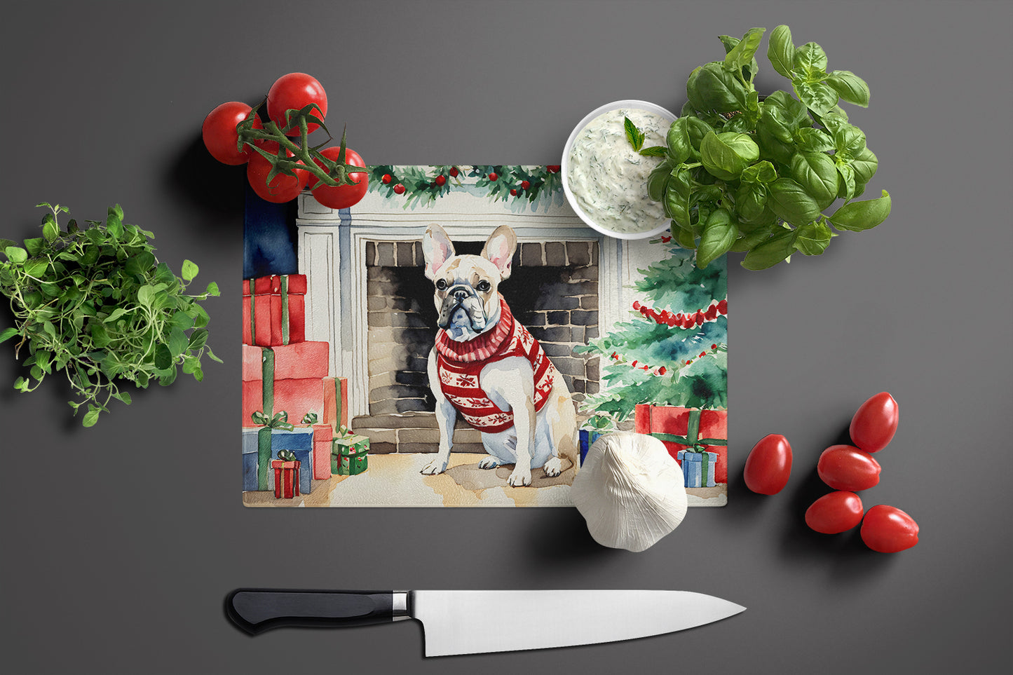 French Bulldog Cozy Christmas Glass Cutting Board