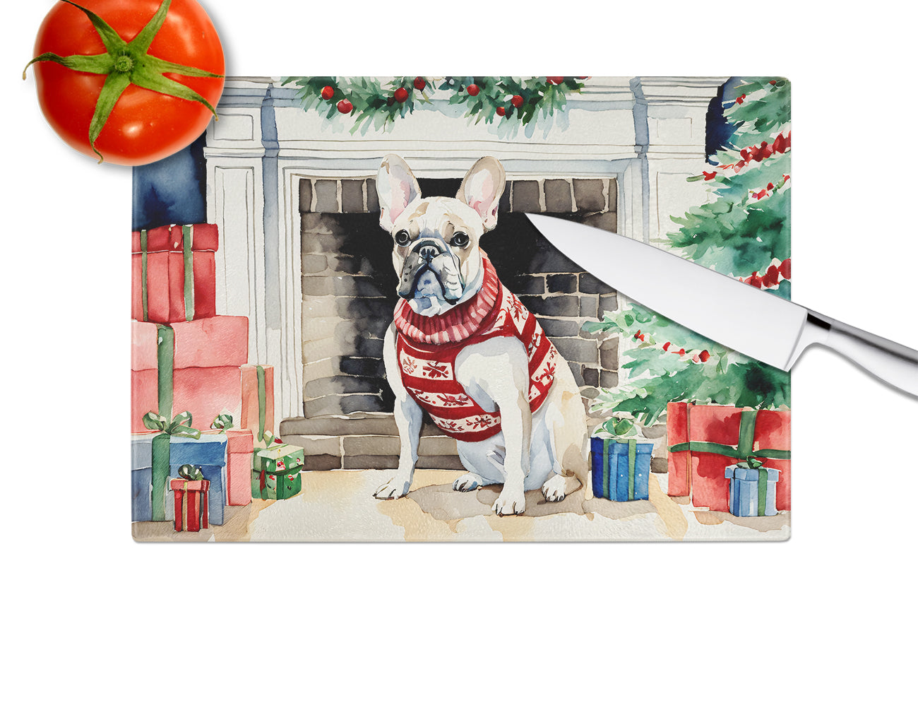 French Bulldog Cozy Christmas Glass Cutting Board