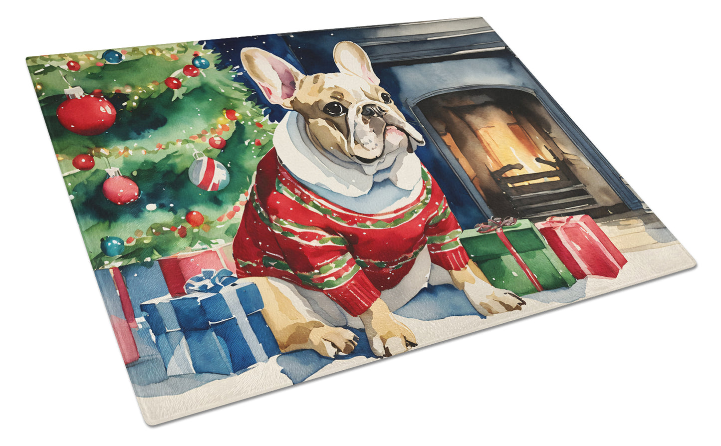 Buy this French Bulldog Cozy Christmas Glass Cutting Board