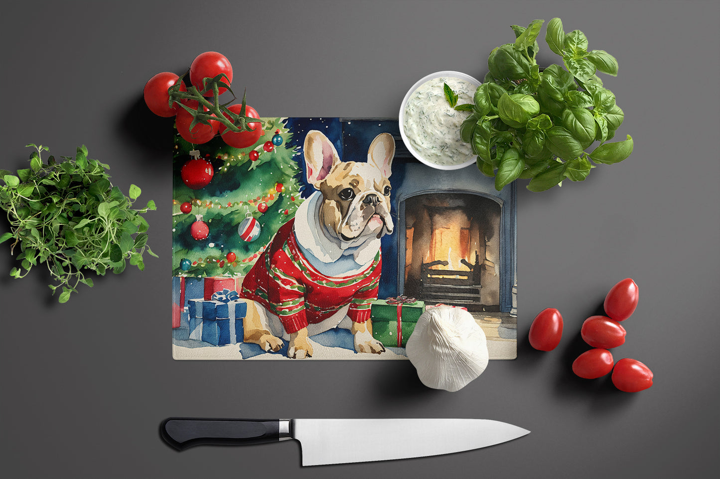 French Bulldog Cozy Christmas Glass Cutting Board