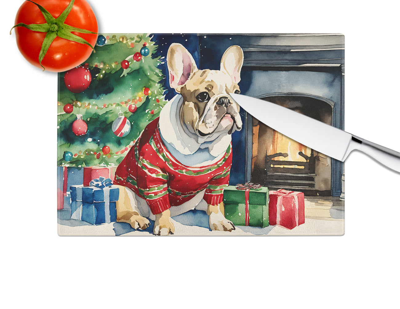 French Bulldog Cozy Christmas Glass Cutting Board