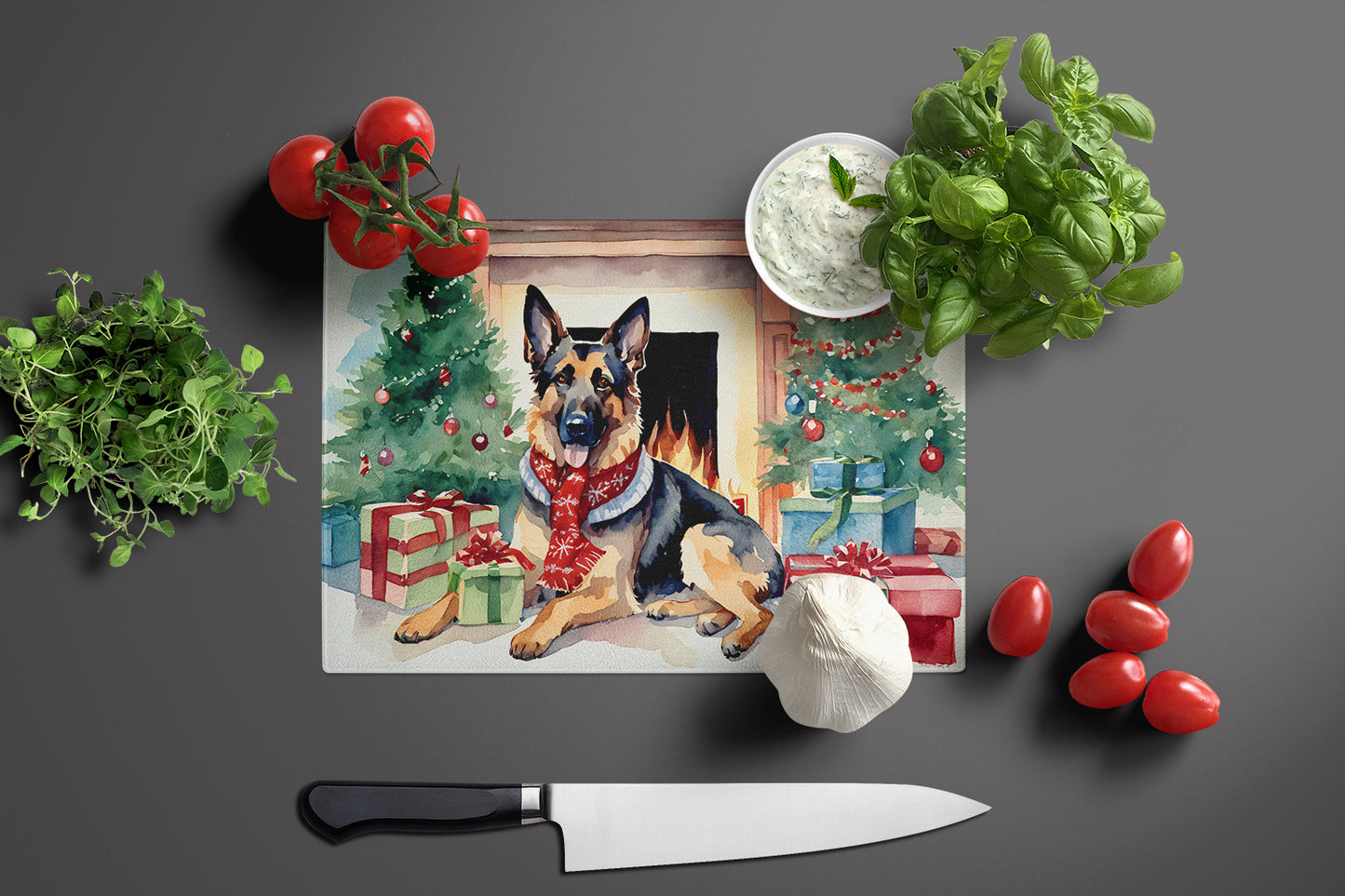 German Shepherd Cozy Christmas Glass Cutting Board