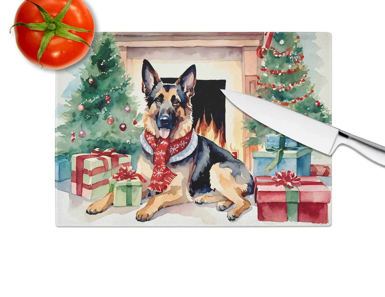 German Shepherd Cozy Christmas Glass Cutting Board